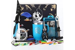 Patelai 29 Pcs Christmas Fishing Gift Set for Men with Fish Lures, 12 oz Insulated Tumbler, Fillet Knife, Fishing Pliers, Lanyard, Tackle Box, Fish Lip Gripper, Socks, Line(Blue,Style 1)