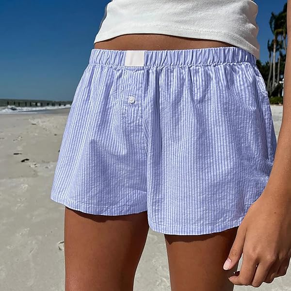 PEASSA WOMEN STRIPED LOUNGE BOXER SHORTS CUTE SUMMER Y2K PAJAMA BOTTOMS SLEEP SHORTS BLUE L