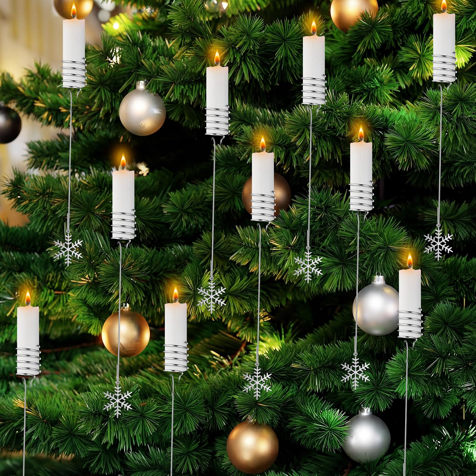 20 Pcs Silver Christmas Tree Candle Holders With Snowflake Ornaments - Metal Balance Candlestick for Xmas Indoor Outdoor Party Decoration