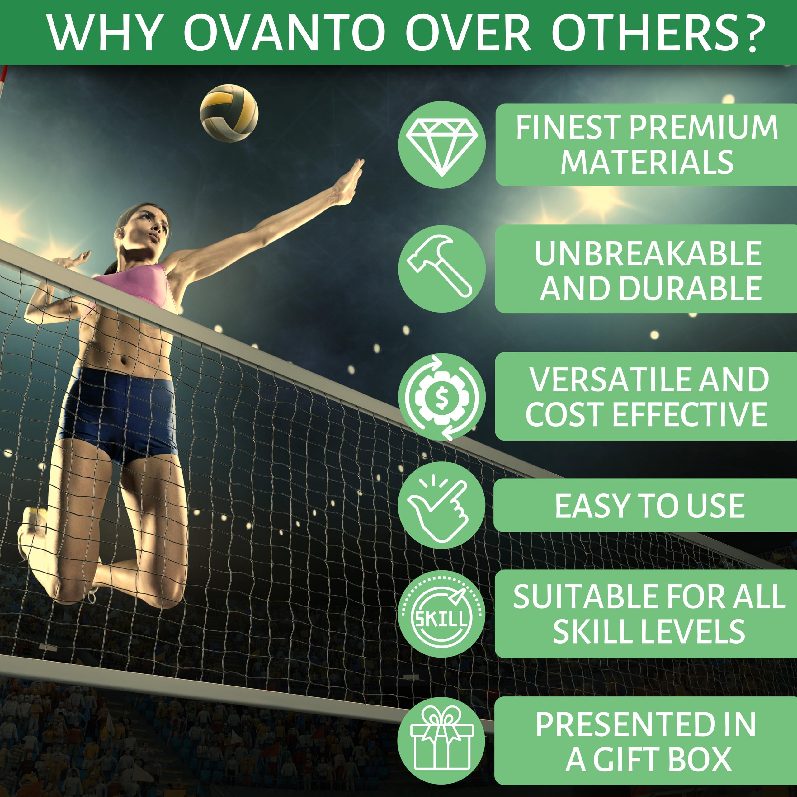 OVANTO Volleyball Training Equipment Aid – Solo Volleyball Equipment in 4 Styles to Serve, Spike, Set and Pass Like a Pro - Adjustable Volleyball Practice Equipment Gift for Beginners & Experts