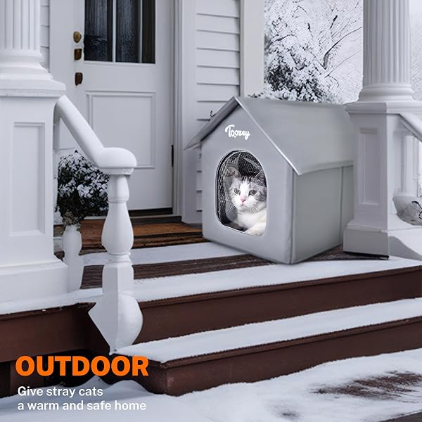 TOOZEY INSULATED OUTDOOR CAT HOUSE WITH 4 BONUS INSULATION SHEETS – WEATHER-RESISTANT, EASY ASSEMBLY, DURABLE FERAL CAT SHELTER WITH REMOVABLE SOFT MAT FOR WINTER PROTECTION, GREY
