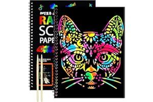 Rainbow Scratch Art Paper for Kids, 2 Pack Scratch Paper Notebooks w/ 6 Stencils, 2 Styluses - DIY Arts & Crafts Kit - Ideal 