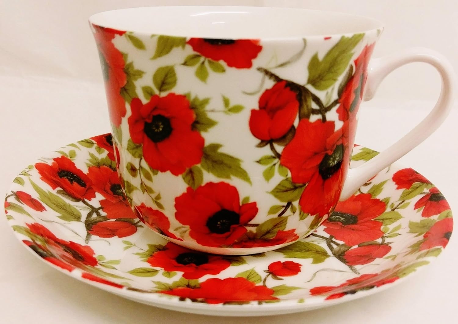 fromeuropewithlove Red Poppy Breakfast Cup & Saucer Fine Bone China Large Poppies Floral Cup