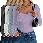 Velvelhall 4 Pack Women's Ribbed Thermal Long Sleeve Shirts, Cotton Scoop Neck Slim Fit Base Layer Undershirts Basic Tops