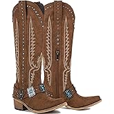 Yolkomo Cowboy Boots for Women Knee High Western Cowgirl Boots with Embroidery Belt Buckle Chains