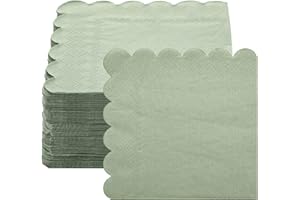 Fuutreo 200 Pcs Scalloped Cocktail Napkins Sage Thick Paper Napkins Disposable Party Napkins Beverage Napkins for Wedding Dinner Birthday Supplies, 5 x 5 Inch