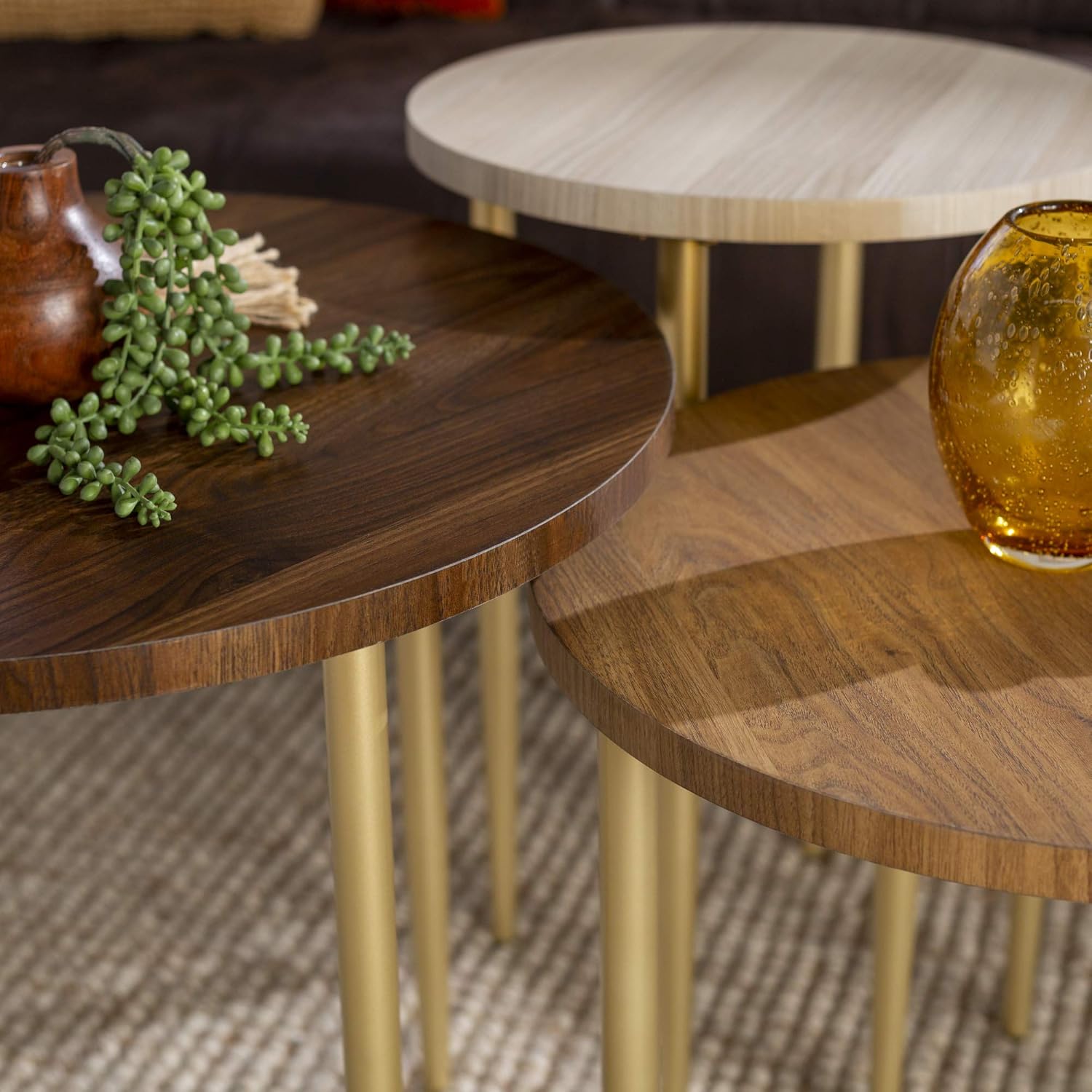Walker Edison Furniture Company 3 Piece Modern Round Nesting Coffee Table Set Living Room Accent Ottoman Storage Shelf, Set of 3, Dark Walnut: Furniture & Decor