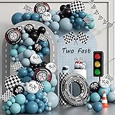 184pcs Race Car Balloon Garland Arch Kit, Two Fast Birthday Decorations with Slate Dusty Blue Checkered Wheel Check Flag Balloons for One Two Fast Race Car Birthday Party Decorations for Boys
