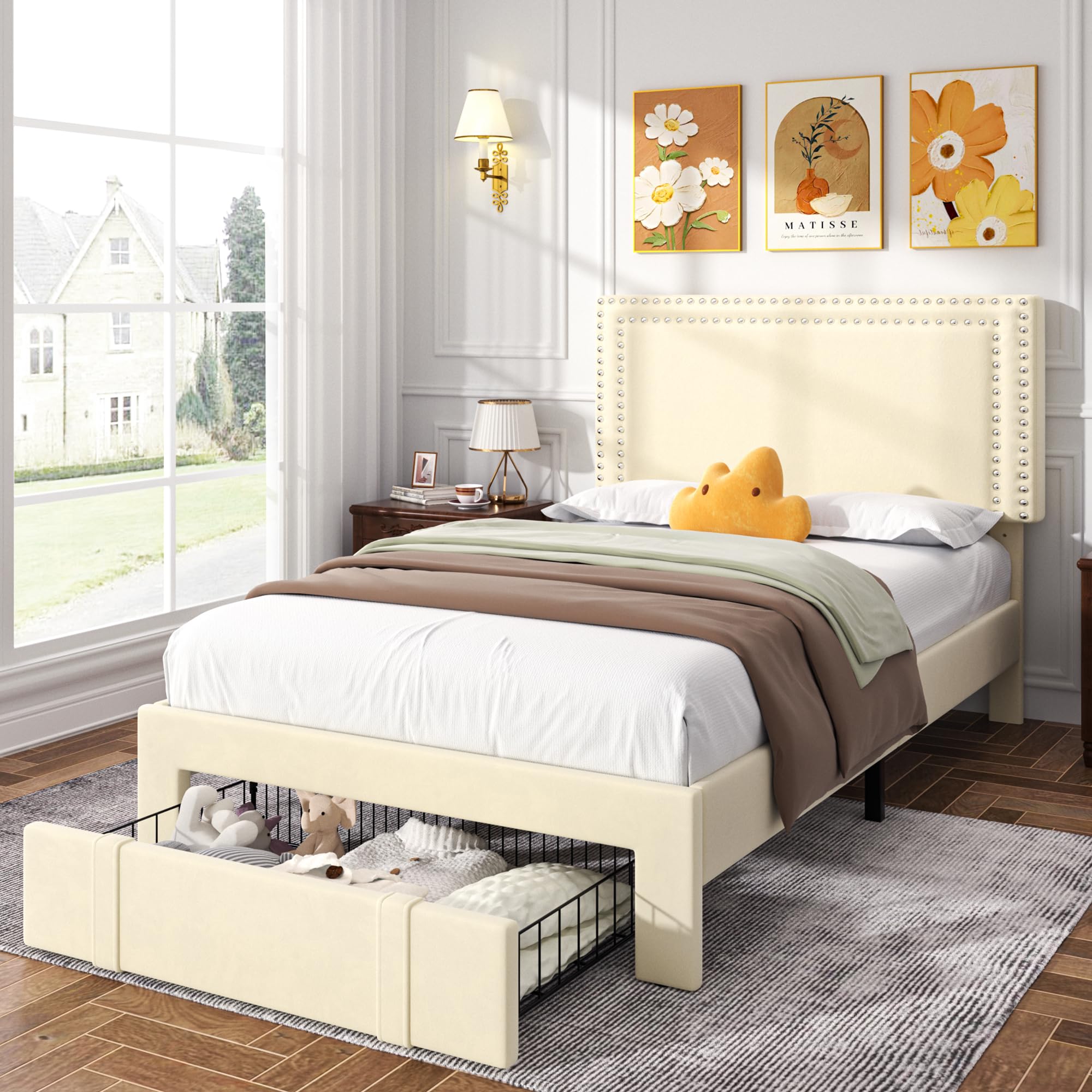Photo 1 of VECELO Twin Platform Bed Frame with Storage Drawer, Adjustable Velvet Rivet Decor Headboard, Wooden Slats Support, No Box Spring Needed, Easy Assembly