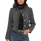 M.Infisavo Tweed Blazer Jackets for Womens with Pockets, Cropped Long Sleeve Open Front Collarless Elegant Casual Cardigan
