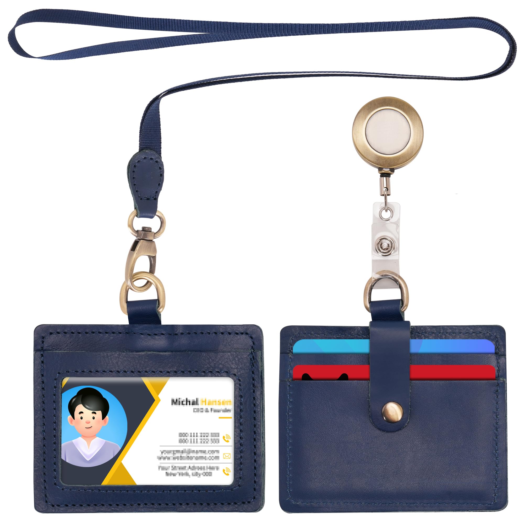 Wonderpool Leather Horizontal Badge Holder with Detachable Neck Lanyard and Retractable Badge Reel Clip, Card Slots Case ID Card Holder for ID Badges Card and Driver Licence (Blue)