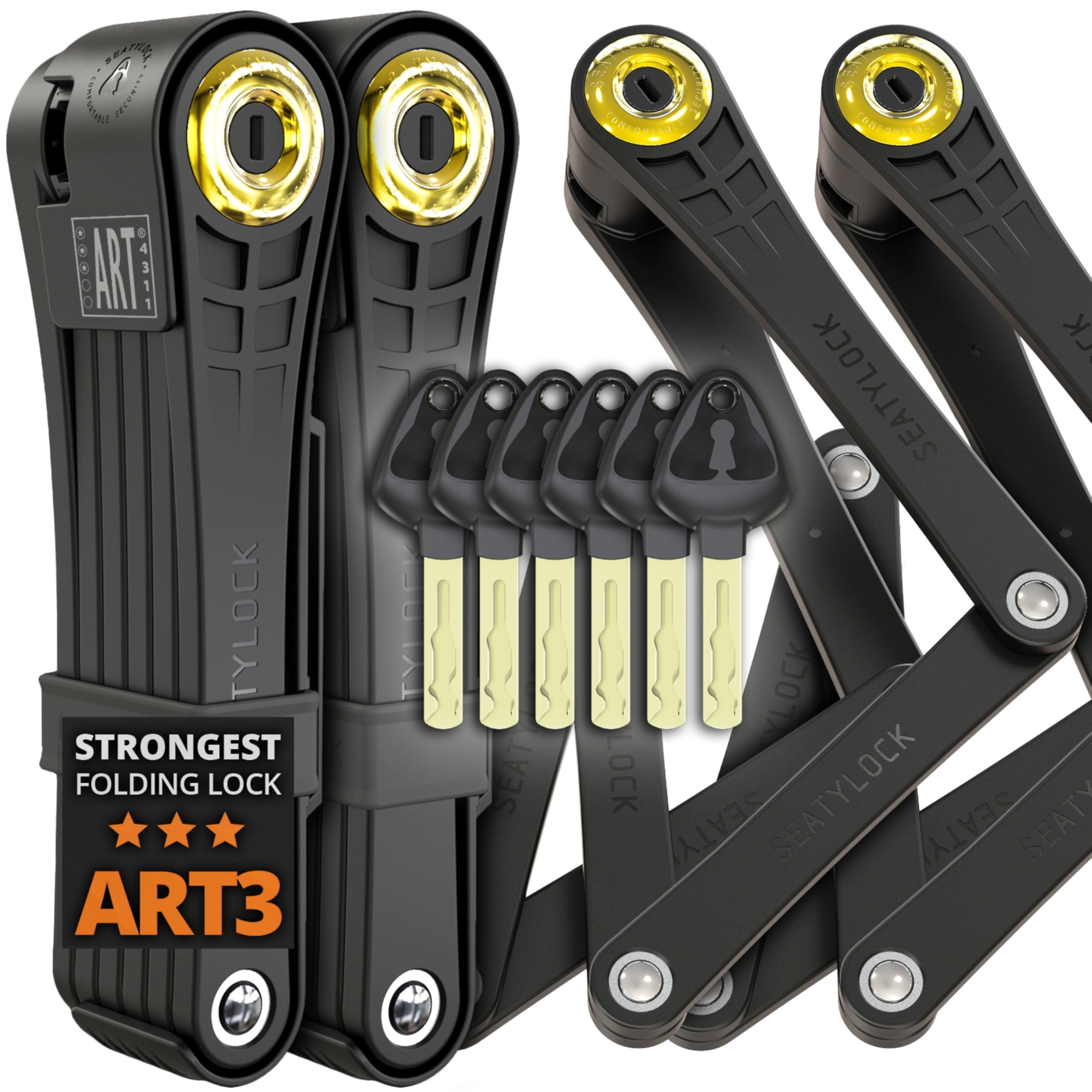 Foldylock Elite Folding Bike Locks - Set of 2 Matching Bicycle Locks with 6 Identical Keys - Patented Highest Security 18/18 Sold Secure Gold Heavy Duty Anti Theft for City and E-Bikes - 110 CM — image 1