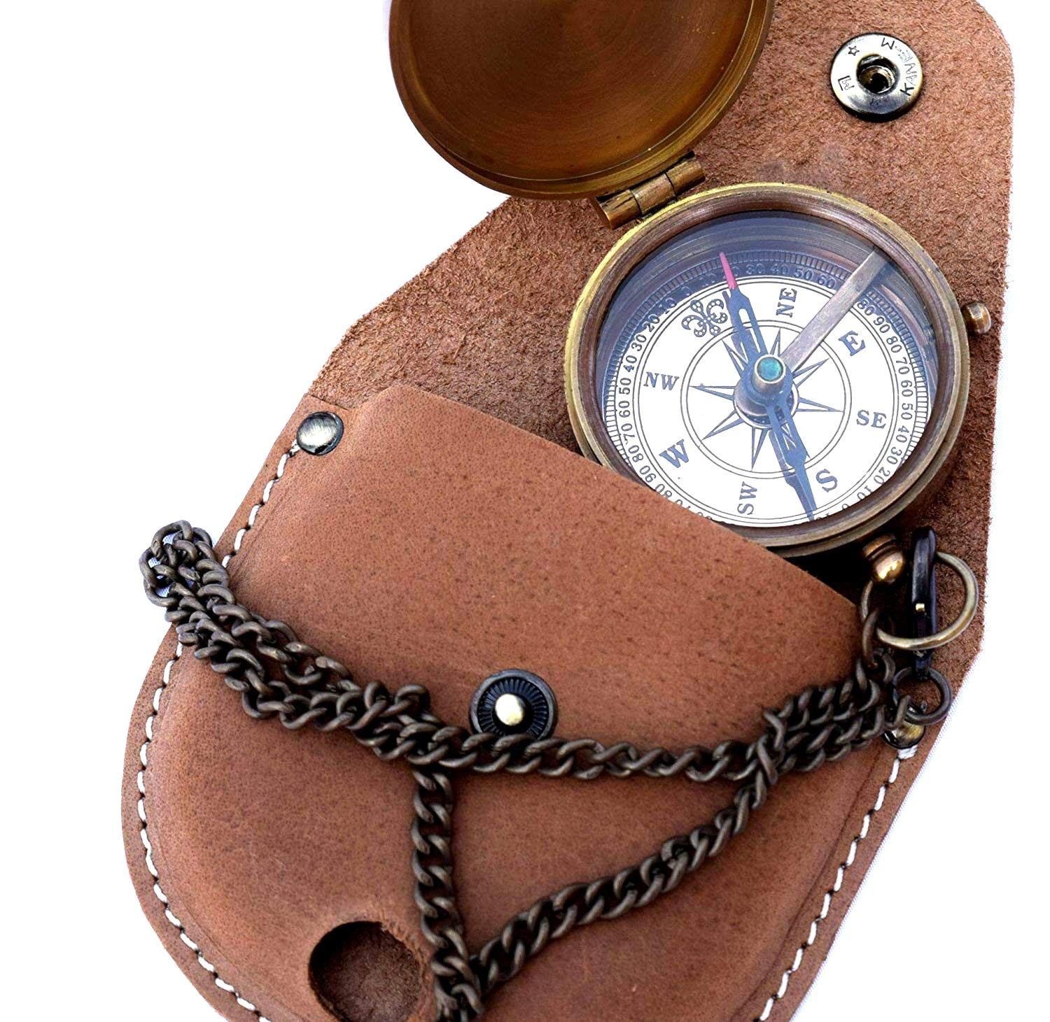 Handmade Brass Push Open On Chain with Leather Case, Nautical Compass, Pocket, Gift