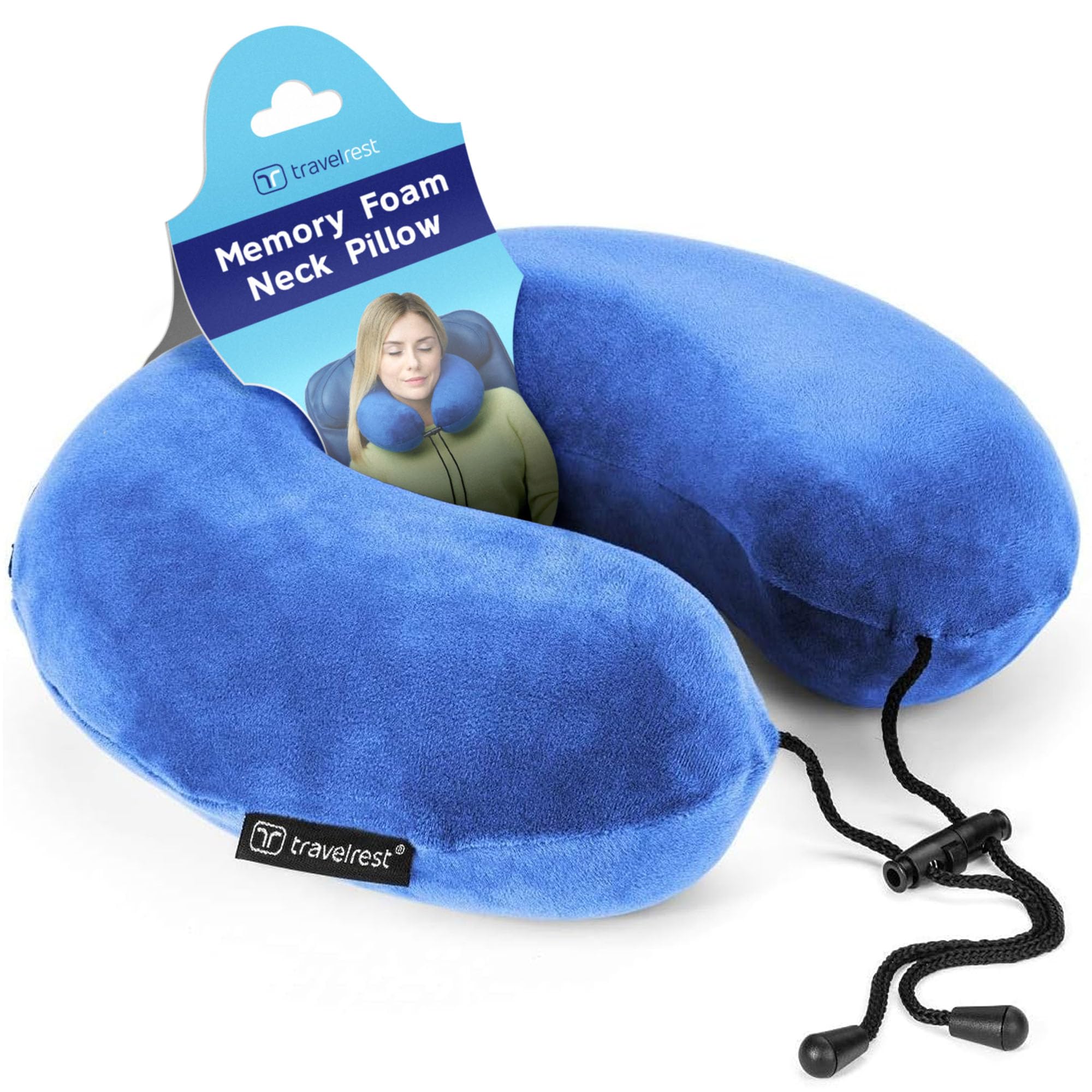 TRAVELREST Travel Essential Neck Pillow Curl - Memory Foam, Washable Micro-Fiber Cover, Soft and Comfortable Head Support for Long Flights, Compact, Attaches to Luggage, Airplanes, Cars, Bus - Blue