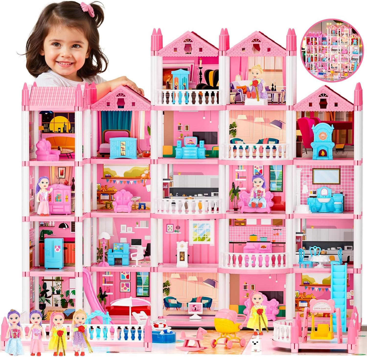 Big Dream Doll House for Girls with 5 Stories 22 Rooms, Dolls, Mat, LED Light, Furnitures, Puppie, Accessories Toddler Dollhouse Gift for 3 4 5 6 7 8 9 10 Year Old Girls Toys