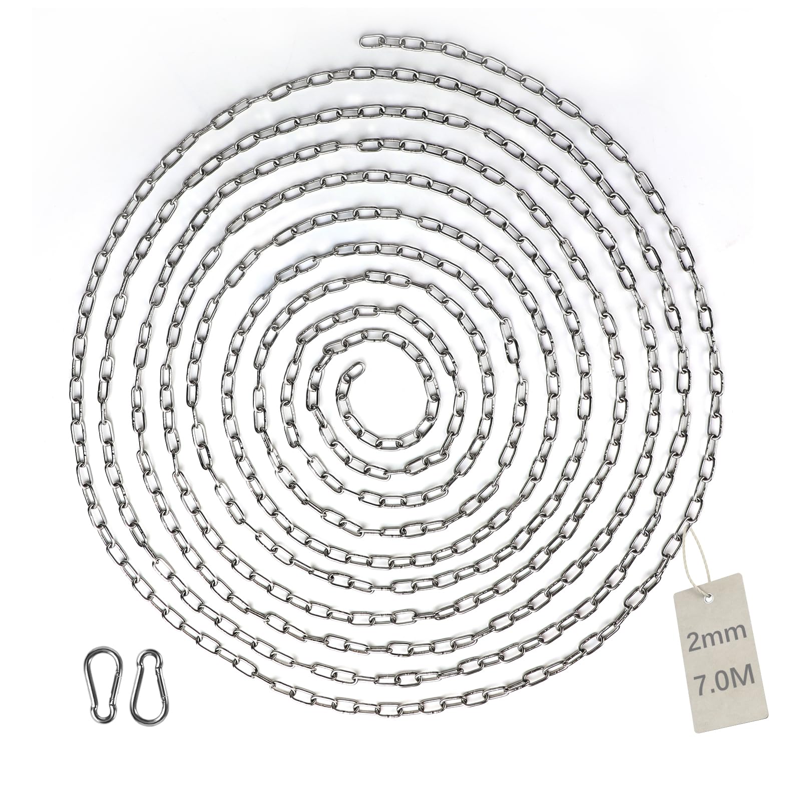 EXLECO 7M Stainless Steel Chain Diameter 2 mm Steel Chain Link Chain Barrier Chain Decorative Chain with 2 Carabiner Hooks Metal Chain for Hanging Dog Chain Anchor Chain Round Link Chain Long Link