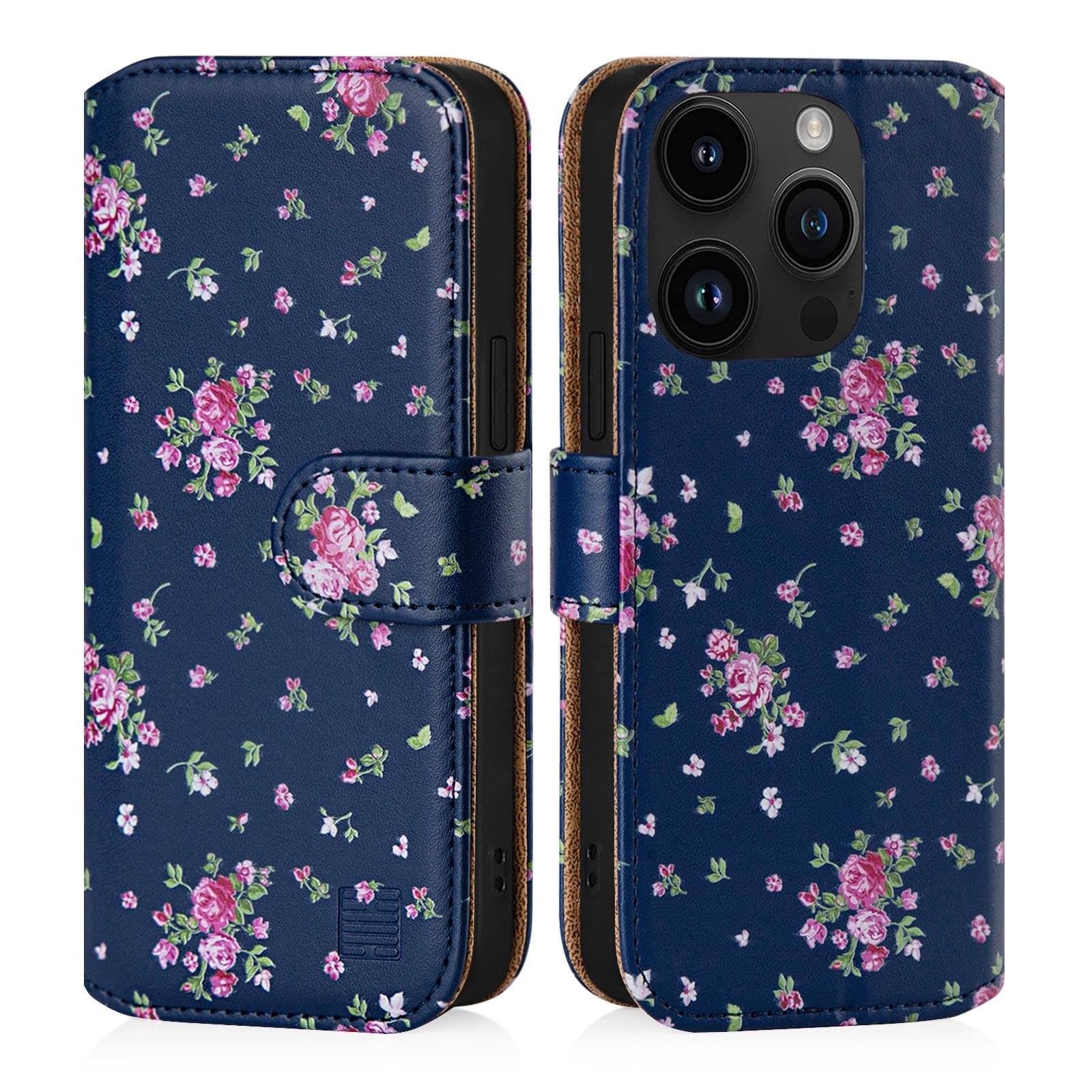 32nd Floral Series 3.0 - Design PU Leather Book Wallet Case Cover for Apple iPhone 15 Pro Max (6.7"), Flip Case With RFID Blocking Card Slots, Magnetic Closure and Built In Stand - Vintage Rose Indigo