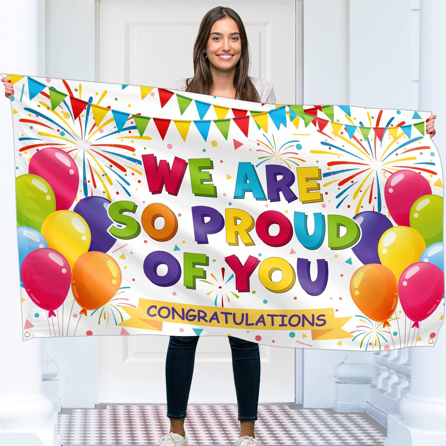 Congratulations Banner - Graduation Decorations 5ft x 3ft - We are so Proud of You Banner - Well Done - You Did It (White)