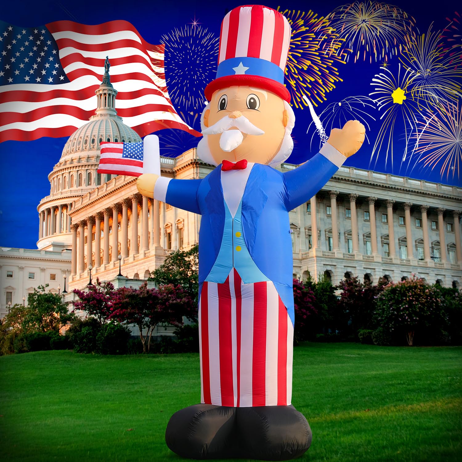 Photo 1 of 12FT Patriotic Independence Day 4th of July Memorial Day Inflatable Outdoor Decoration, Uncle Sam, LED Lights Holiday Blow Up for Fourth of July Party Garden Yard Lawn Decor