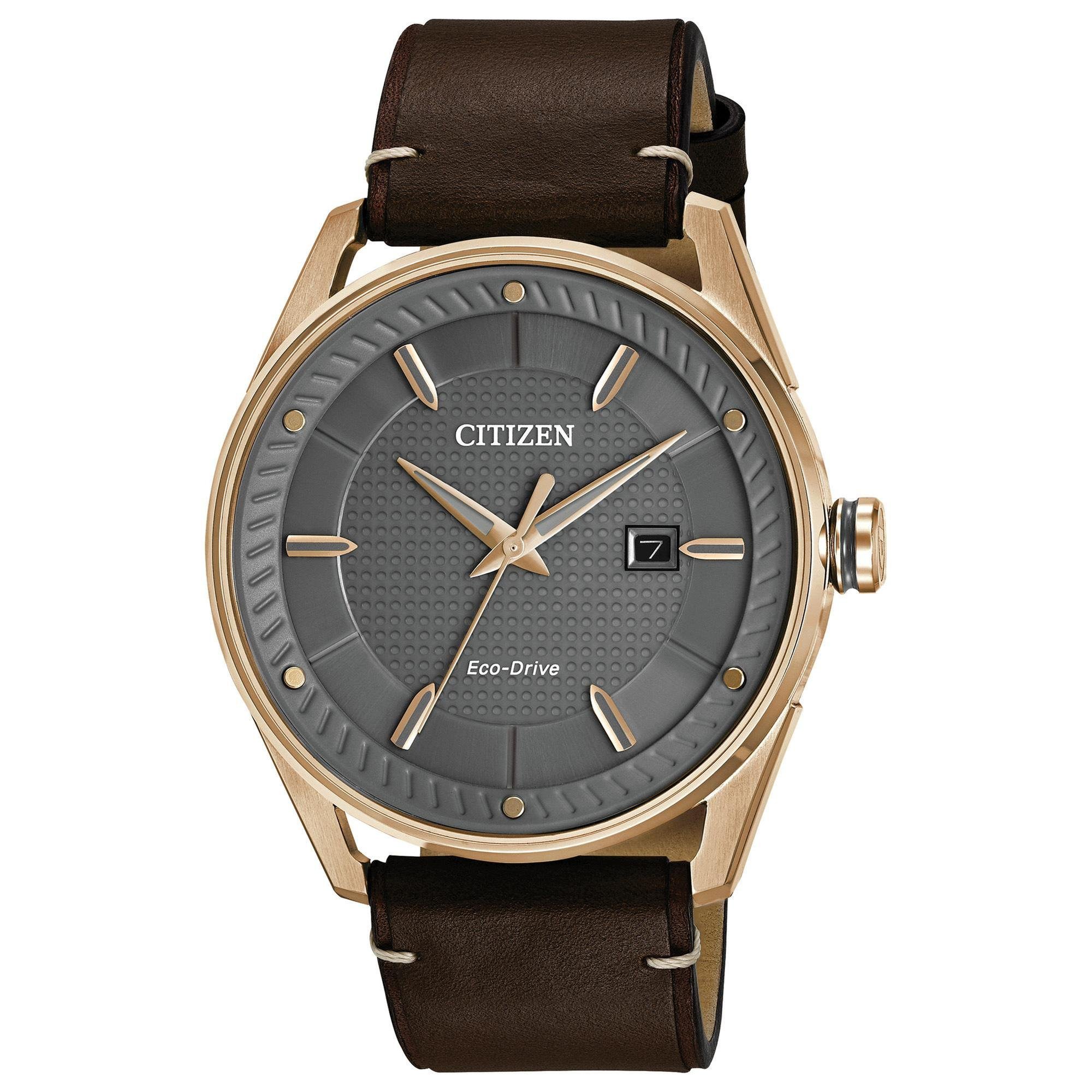 Reloj CITIZEN Eco-Drive Weekender para hombre en acero inoxidable dorado con correa de cuero marrón, esfera plateada (Modelo: BM6983-00H)