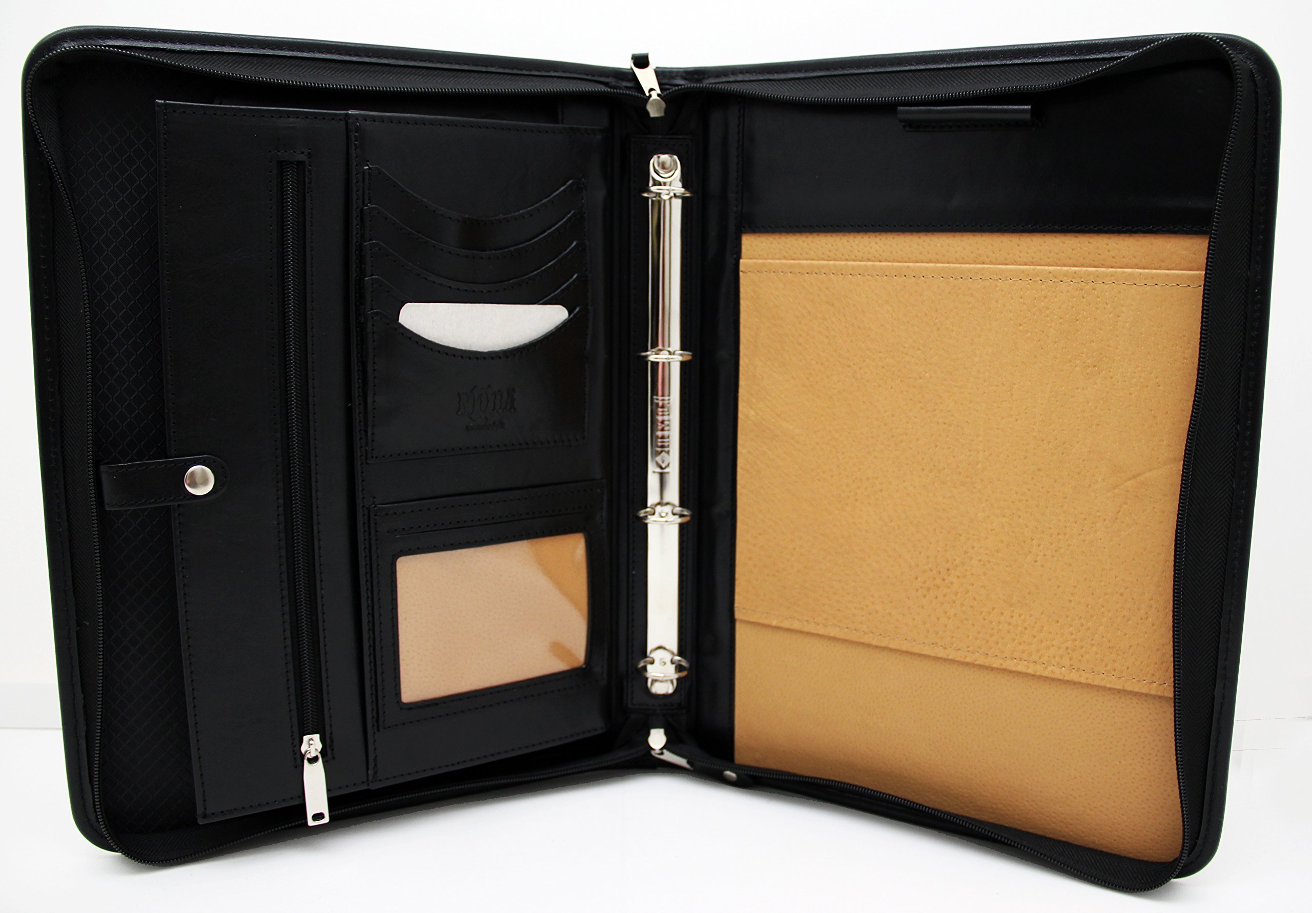 Italian Leather Portfolio, Zipped A4 Folder, Padfolio 4 Ring Binder, Leather Folio with Handle (Black)