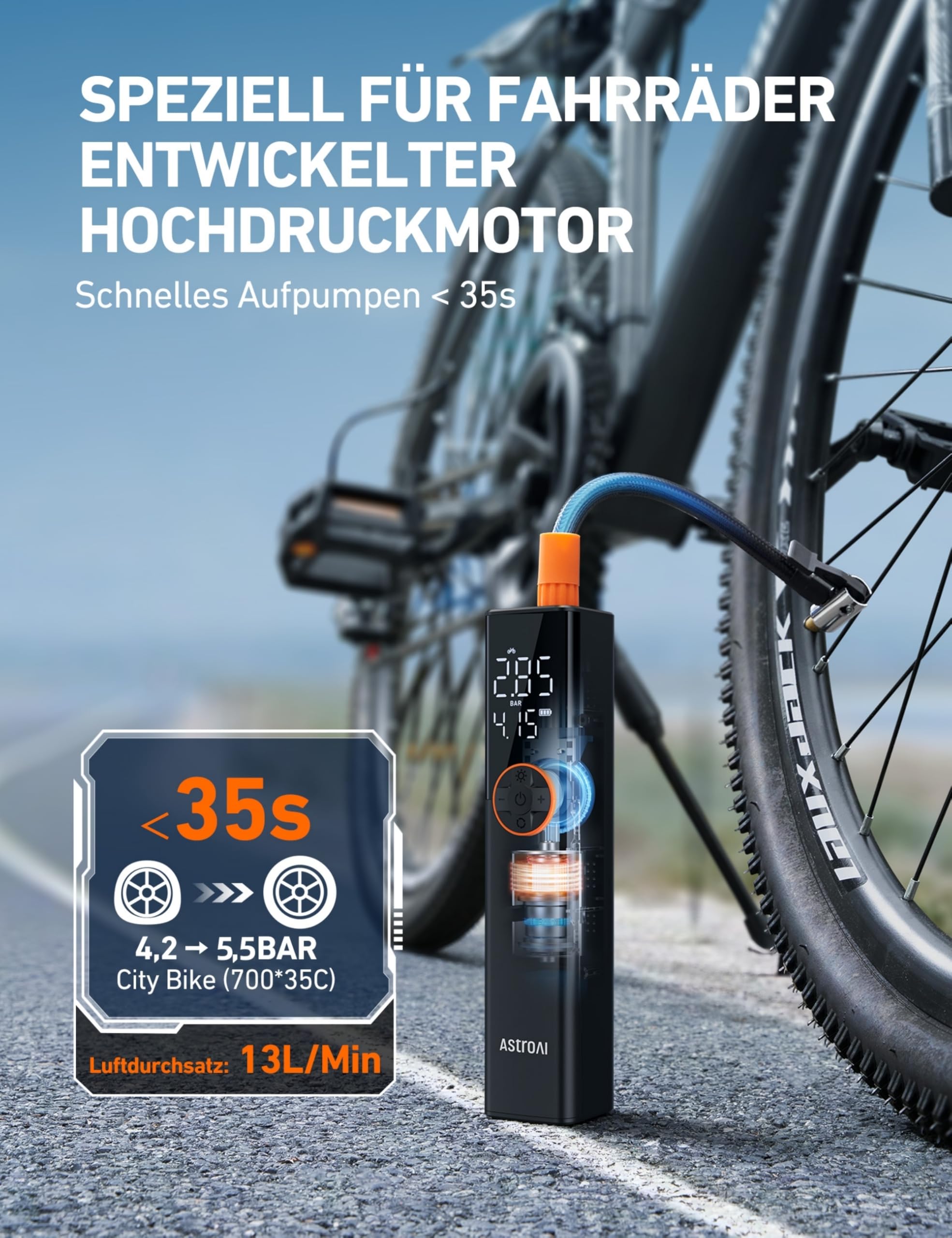 AstroAI Fahrradpumpe Elektrische Luftpumpe, 150PSI Mini Tragbare Akku Fahrradpumpe alle ventile, Hochspannungsmotor Speziell für Fahrrad, Wiederaufladbare für Stadtrad, Rennrad, Mountainbike, Orange 3