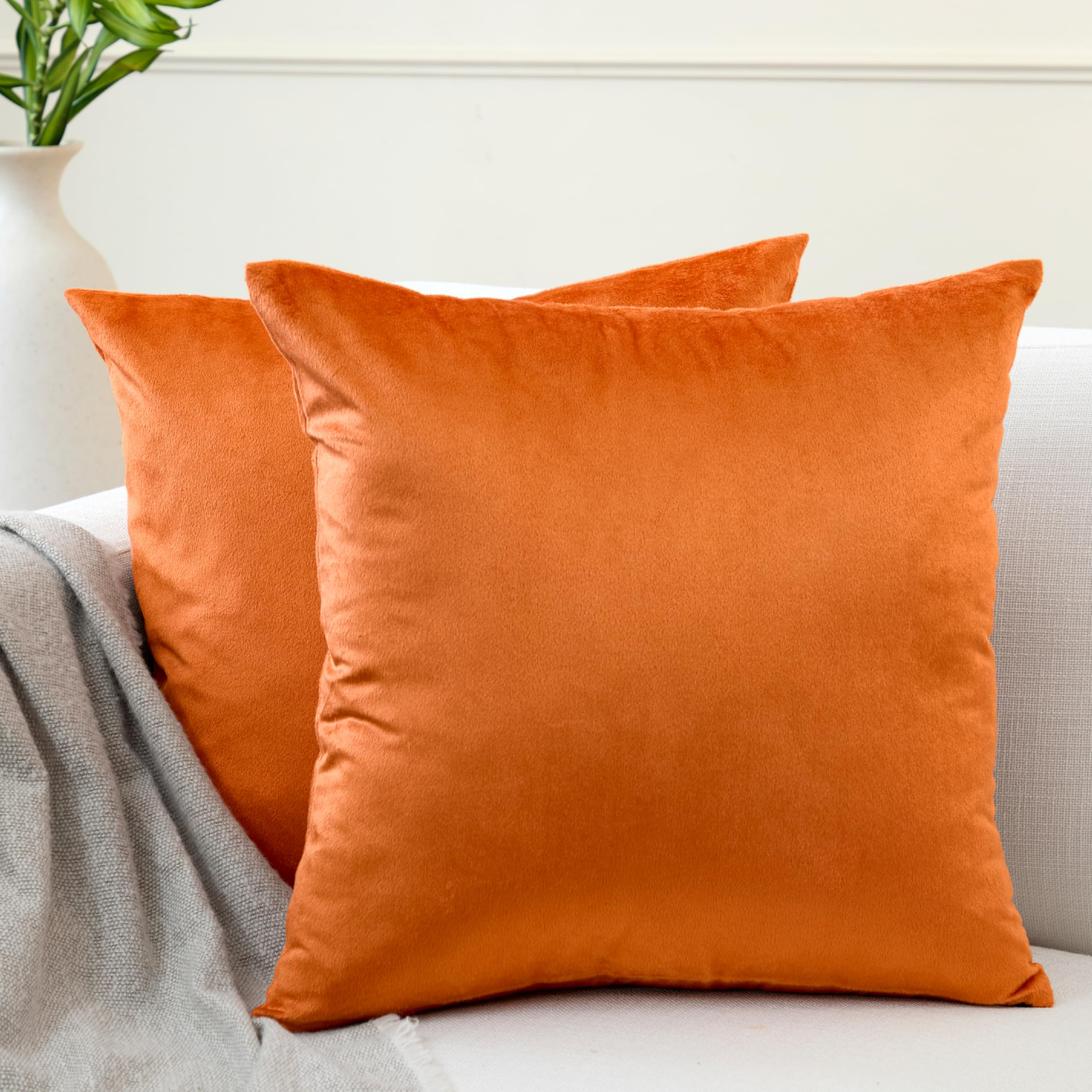 Encasa XO Velvet Cushion Covers (60x60 cm) Set of 02 | Orange | Luxurious Square Velvet Throw Pillow Covers With Invisible Zippers | Living Room, Sofa, Chair — image 1