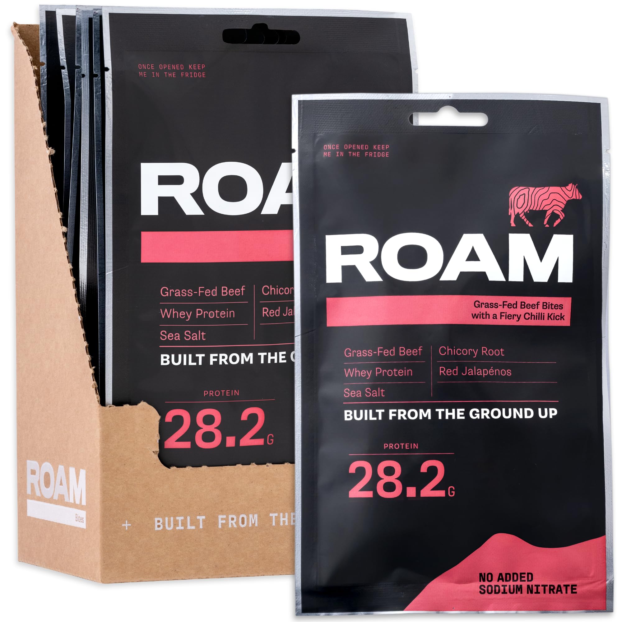 ROAM Natural Protein Bites, Meal Replacement Keto Bites, 12 x 70g Jalapeño Chilli Beef Bites & Healthy Snacks, Ideal For Carnivore Diet, Keto Sticks (Chilli Beef Bites)