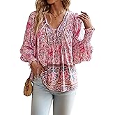 LONGBIDA Women’s V Neck Boho Long Sleeve Top Shirts Drawstring Summer Casual Elastic Cuffs Floral Blouses