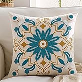 Kuderiy Embroidered Throw Pillow Cover 18x18 Classic Boho Floral Pattern Pillows Cover Outdoor Decorative Pillowcase,Durable Cozy Textured Cushion Case for Sofa Couch Bed Living Room,Teal