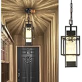PARTPHONER Motion Sensor 15" Outdoor Pendant Light Exterior Hanging Lantern, Modern Black Metal Outside Chandelier Light Fixt