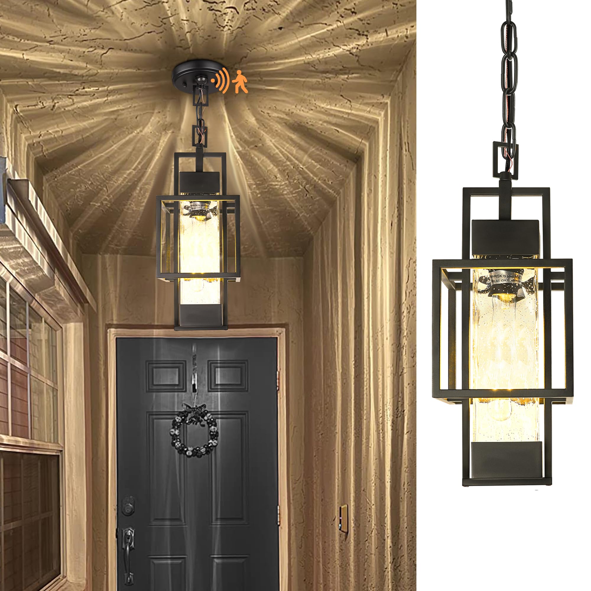 Photo 1 of PARTPHONER Motion Sensor 15" Outdoor Pendant Light Exterior Hanging Lantern, Modern Black Metal Outside Chandelier Light Fixture Ceiling Mount with Water Glass for Front Porch Entrance Foyer Entryway