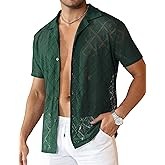 Csqopt Mens Floral Lace Shirt Hollow Out Sheer See Through Short Sleeve Casual Button Down Beach Shirts