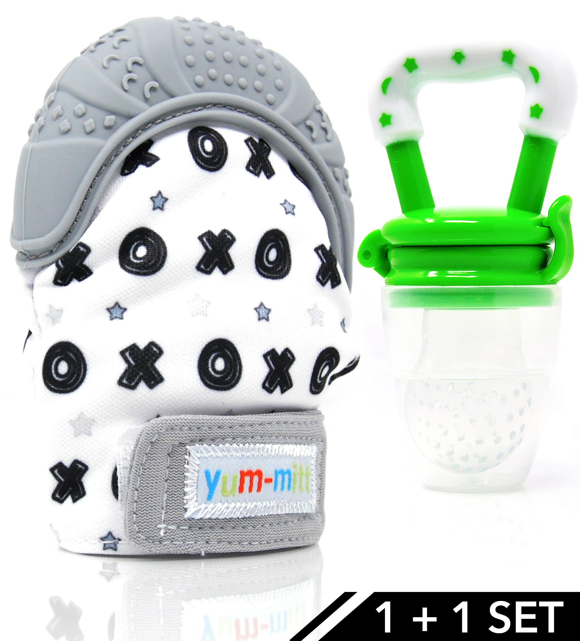 Teething Mitten for Babies with Fruit Feeder Pacifier - Baby Teething Toys for Self Soothing Gum Pain Relief. Infant Chew Glove Teether Mittens with Hygienic Travel Bag - Mitts for Boy or Girl (Grey)