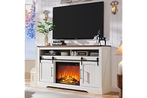 OKD Farmhouse Fireplace TV Stand for 70 Inch TV, 34" Tall Highboy Entertainment Center w/Electric Fireplace, Rustic Media Console w/Sliding Arched Door for Living Room,Antique White