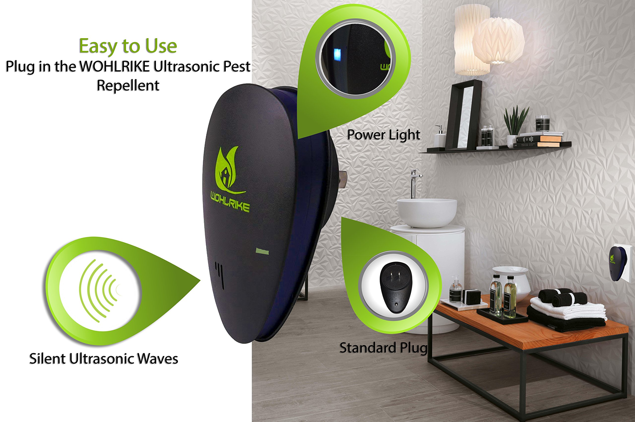 WOHLRIKE Ultrasonic Pest Repellent Plug-In Kit –Portable, Compact, Truly Effective & Non Toxic Insect Repeller Control –For Mosquitoes, Ants, Mice, Rats, Flies, Bees, Bugs, Fleas, Roaches & More