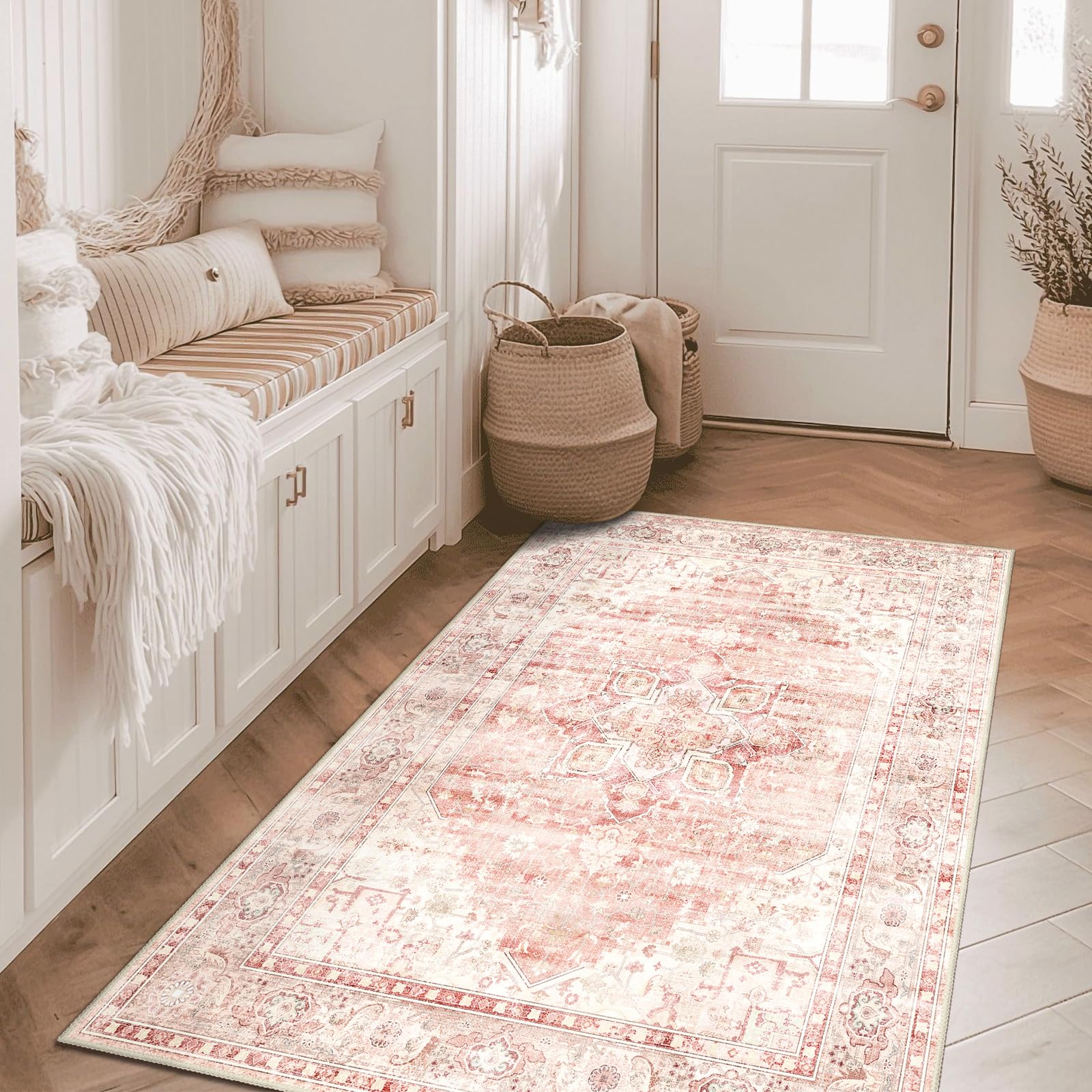 Photo 1 of Brakki Pink Rug 4x6.5, Washable Boho Area Rug for Living Room Dining Room Bedroom Kitchen, Soft Floral Vintage Distressed Carpet Non Slip, Small Rug for Girls Boys Home Decor