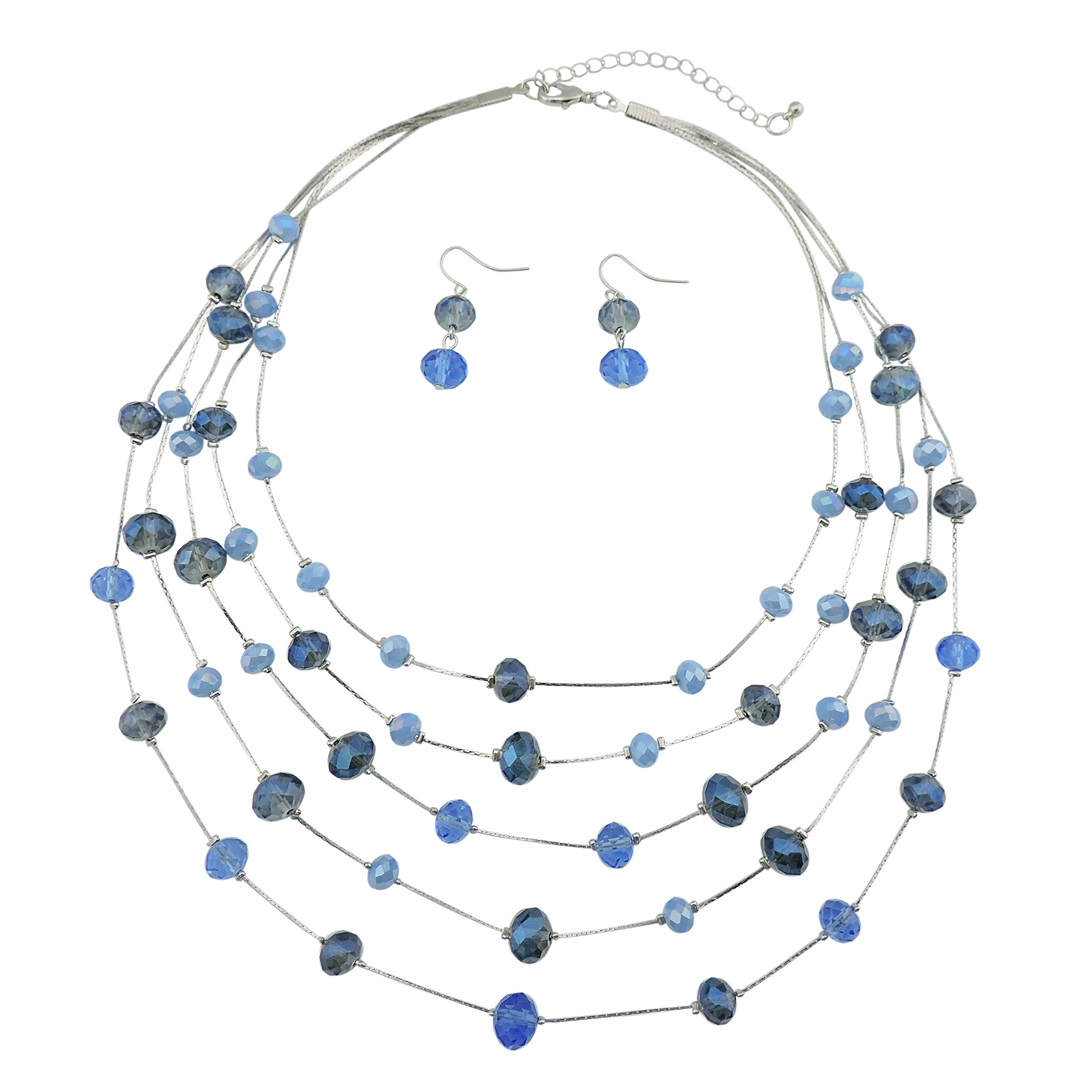 Bocar 5 Layer Handmade Beads Necklace Earring Set Illusion Necklace for Women (NK-10464-blue)