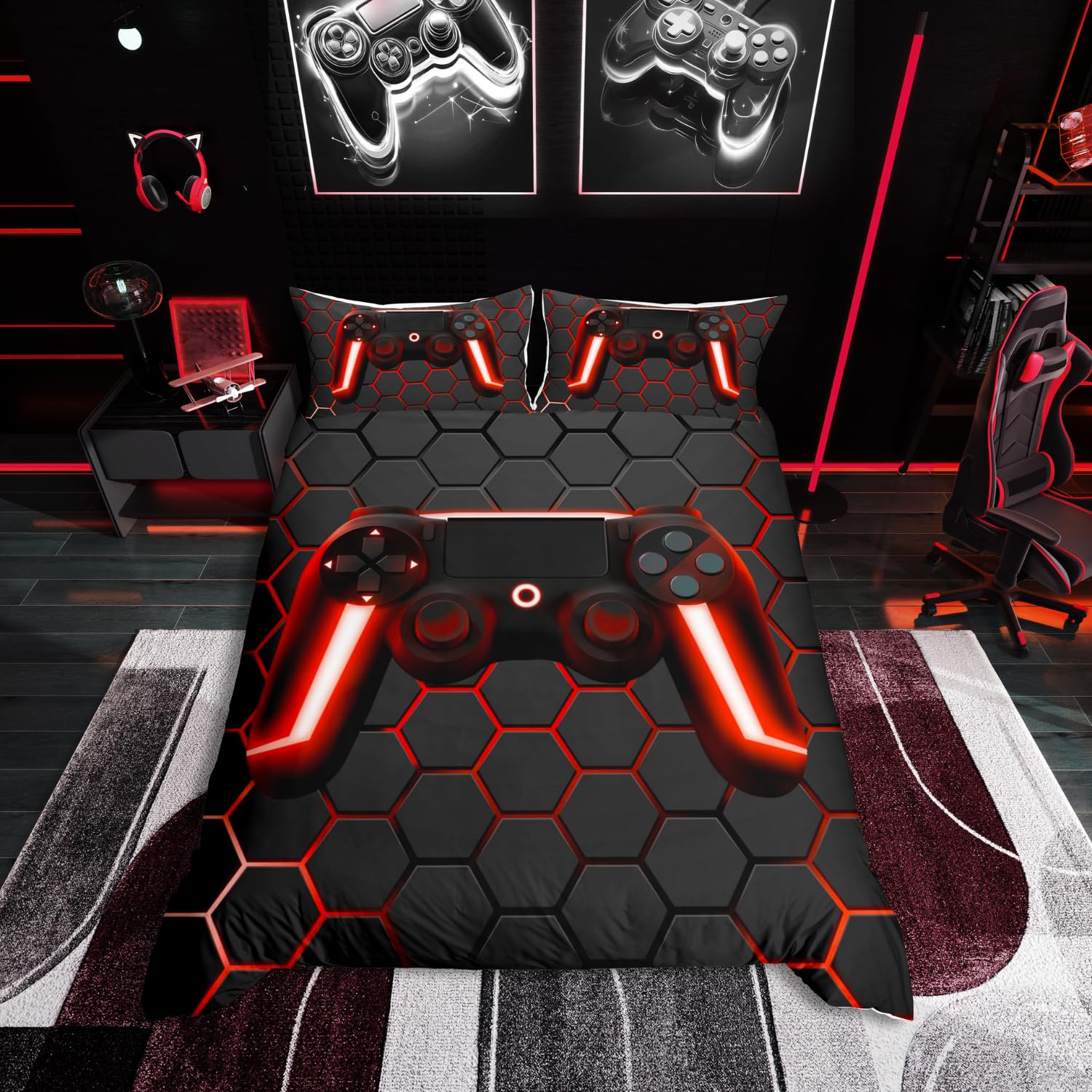 Kids Gaming Bedding Sets Geometric Gamepad Gamer Comforter Cover Honeycomb Hexagon Geometric Duvet Cover Set For Boys Gamer Room Decor Beehive Neon Lights Bedspreads Cover 3 Pieces Double — image 1