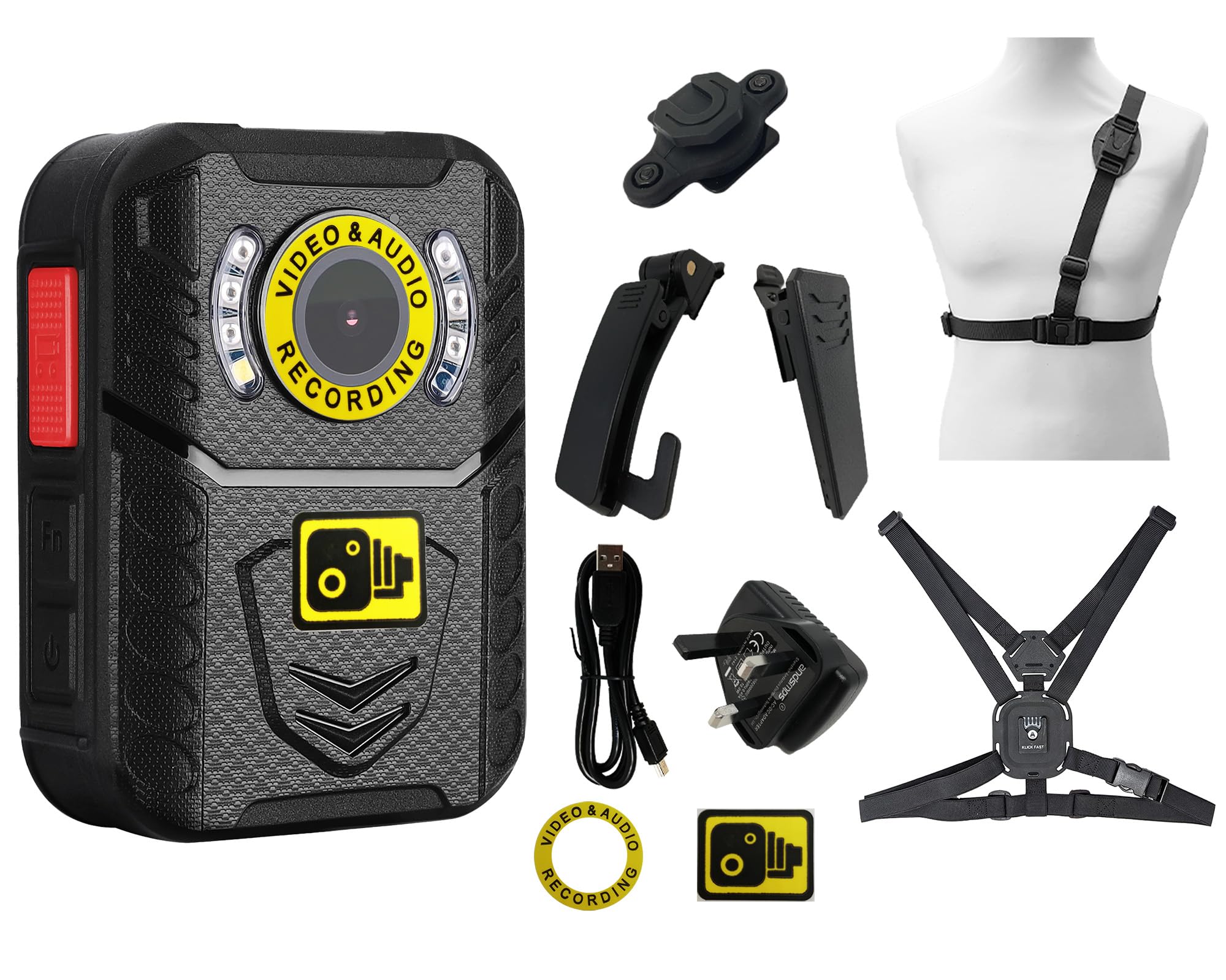 Recall Scout Body Camera with Klickfast Stud Shoulder and Chest Strap Security Guard Bodyworn Personal Protection High Definition BodyCam For Professional Doorman SIA Door Supervisor 64GB