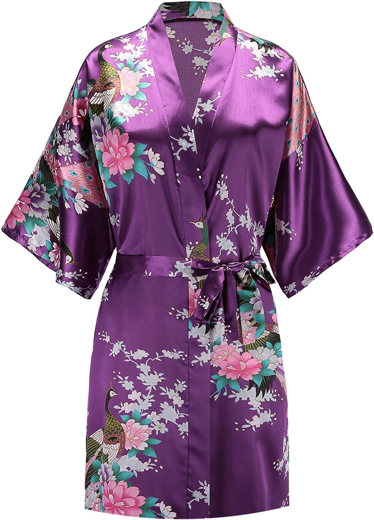 EPLAZA Women Peacock Satin Short Bridal Kimono Robe Bridesmaid Sleepwear Wedding Dressing Gown
