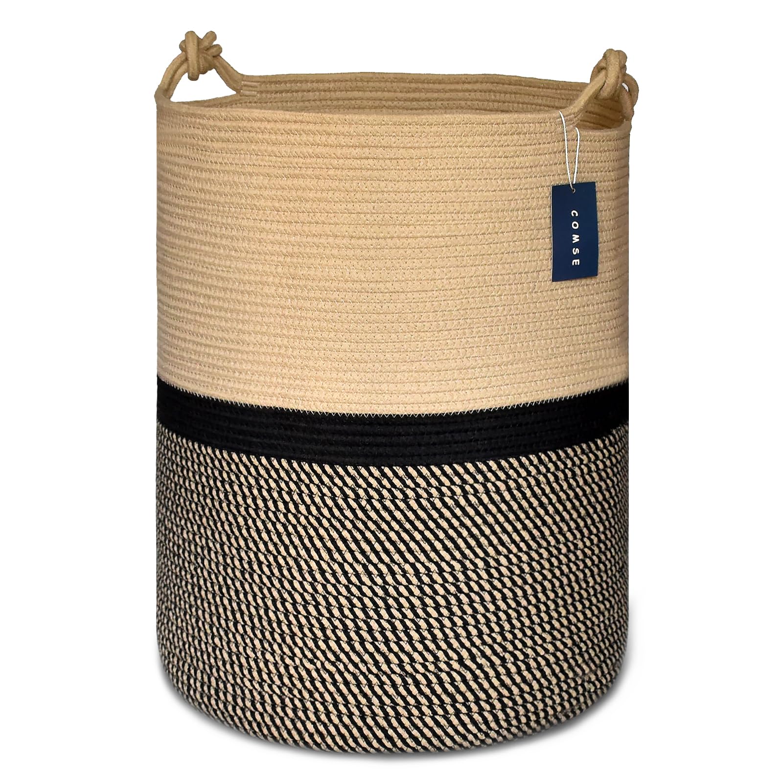 COMSE Extra Large Blanket Basket, Tall Woven Storage Basket, Nursery Hamper, 40 x 55 CM, Cotton Rope Laundry Hamper for Toys Clothes Towels, Blend Brown/Black