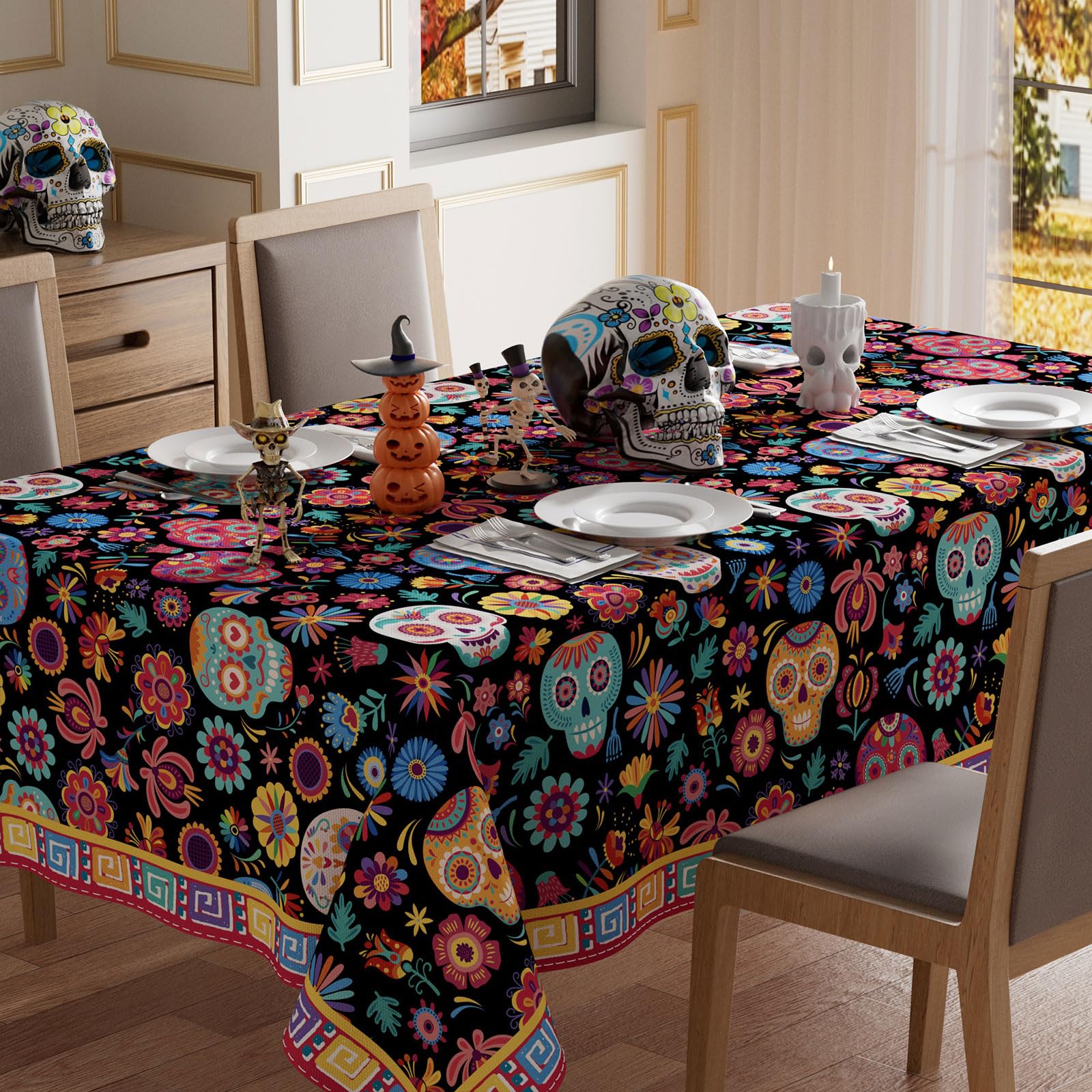Photo 1 of 2 XCHI Colorful Sugar Skull Marigolds Flowers Dia De Los Muertos Tablecloth Rectangle Washable Day of The Dead Mexican Table Covers for Indoor Outdoor Dining Home Party Decorations 60x104 Inch