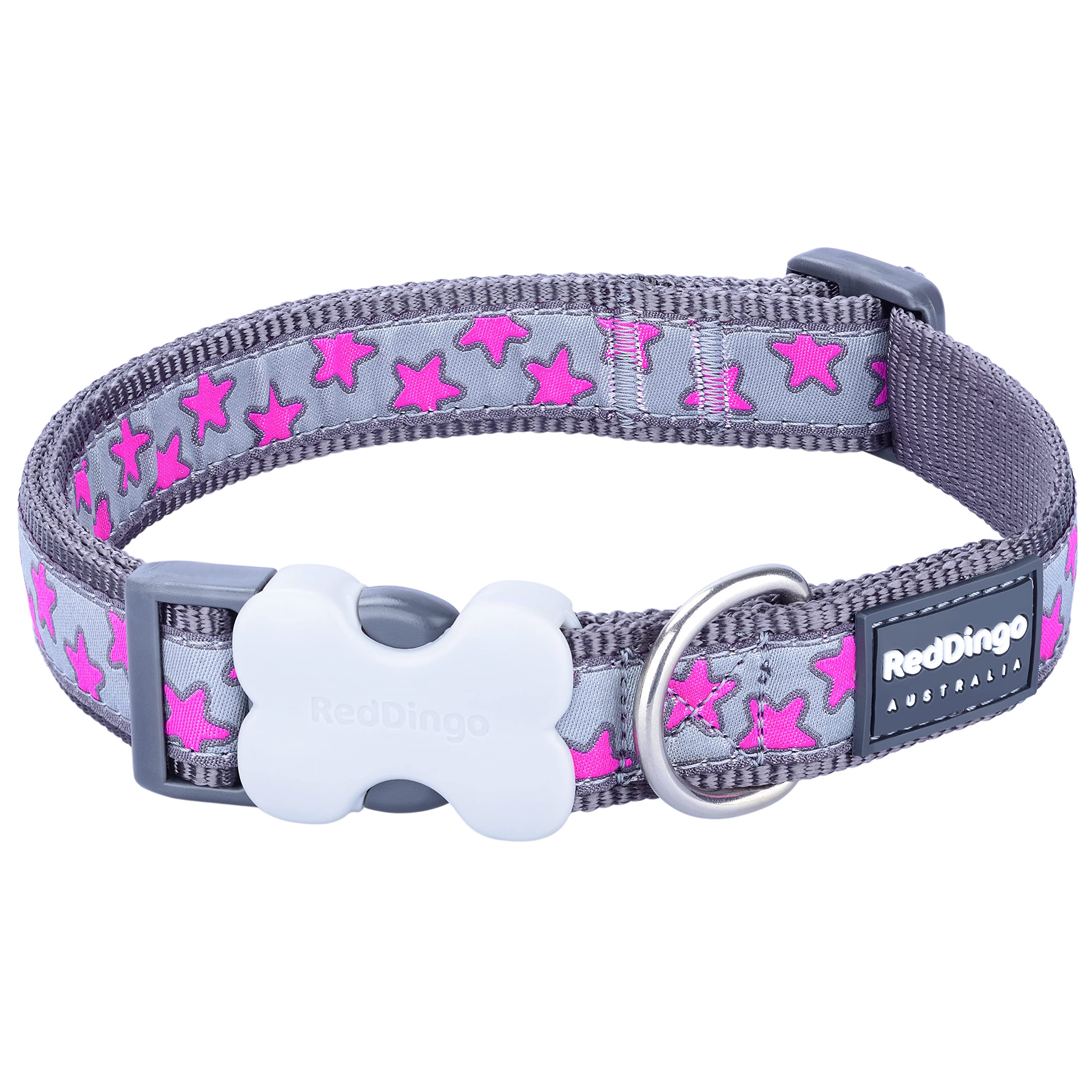 Red Dingo Bucklebone Dog Collar Design, Hot Pink Stars on Grey, Medium 20mm