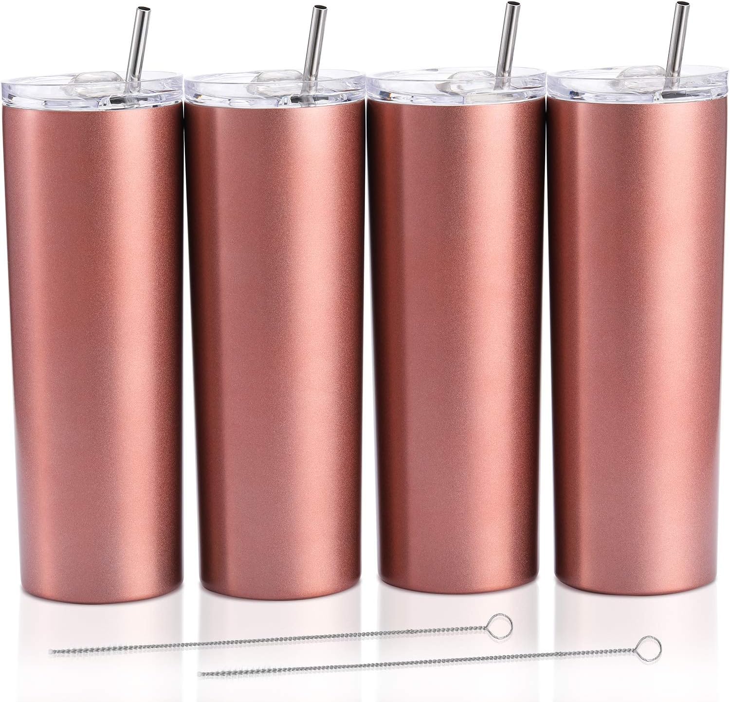 4 Pack Classic Tumbler Stainless Steel Double-Insulated Water Tumbler Cup with Lid and Straw Vacuum Travel Mug Gift with Cleaning Brush (Rose Gold, 20 oz)