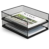 AZFUNN Wire Mesh Letter Trays Paper Tray Desk File Organizer, 2 Pack Stackable Metal Front-Load Documents Tray for Office Supplies File (Lengthways)