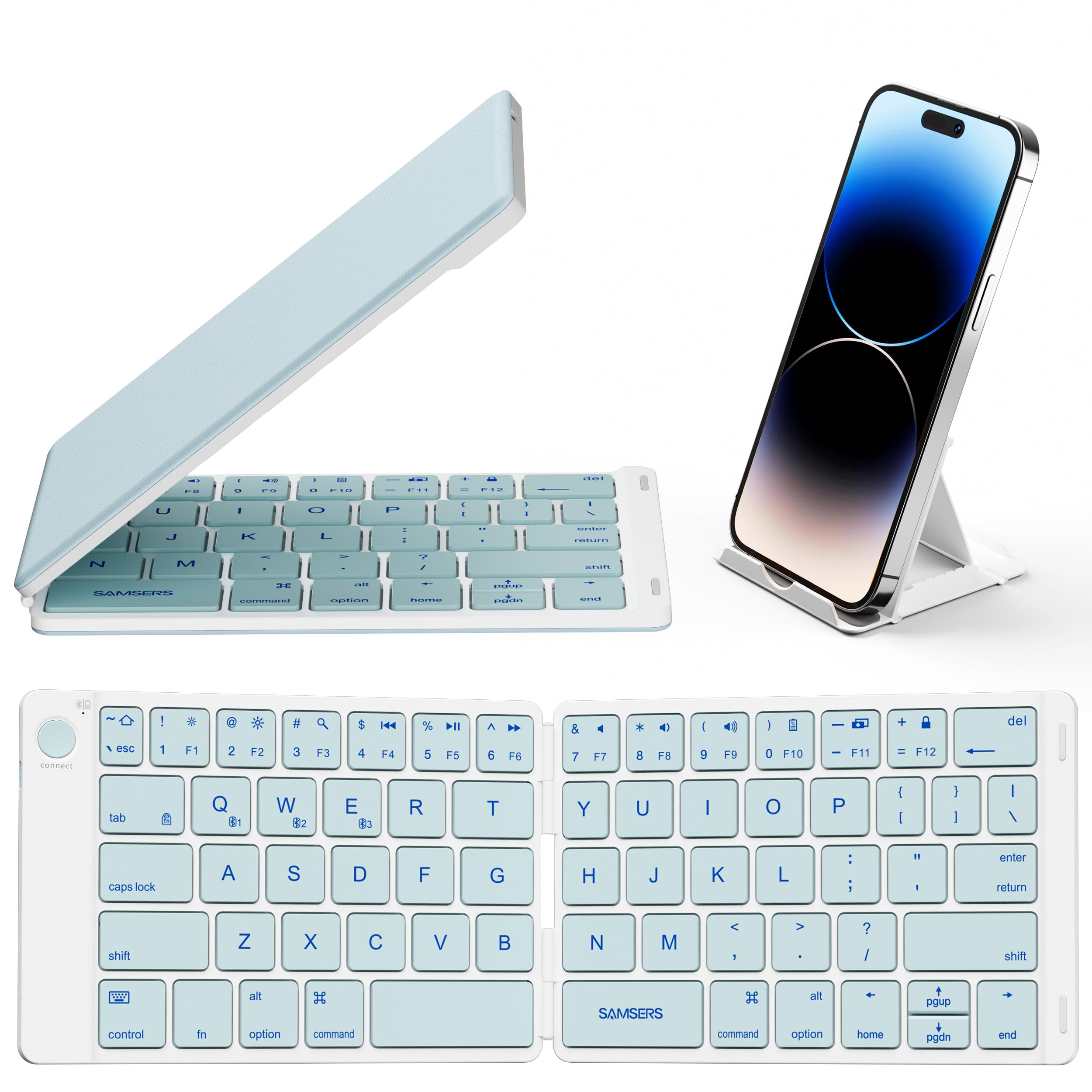 Photo 1 of Samsers Bluetooth Foldable Keyboard, Wireless Portable Folding Keyboard, Full-Size Ultra-Slim Rechargeable Connect Up to 3 Devices for iOS Android Windows Phone Tablet and Laptop, Blue