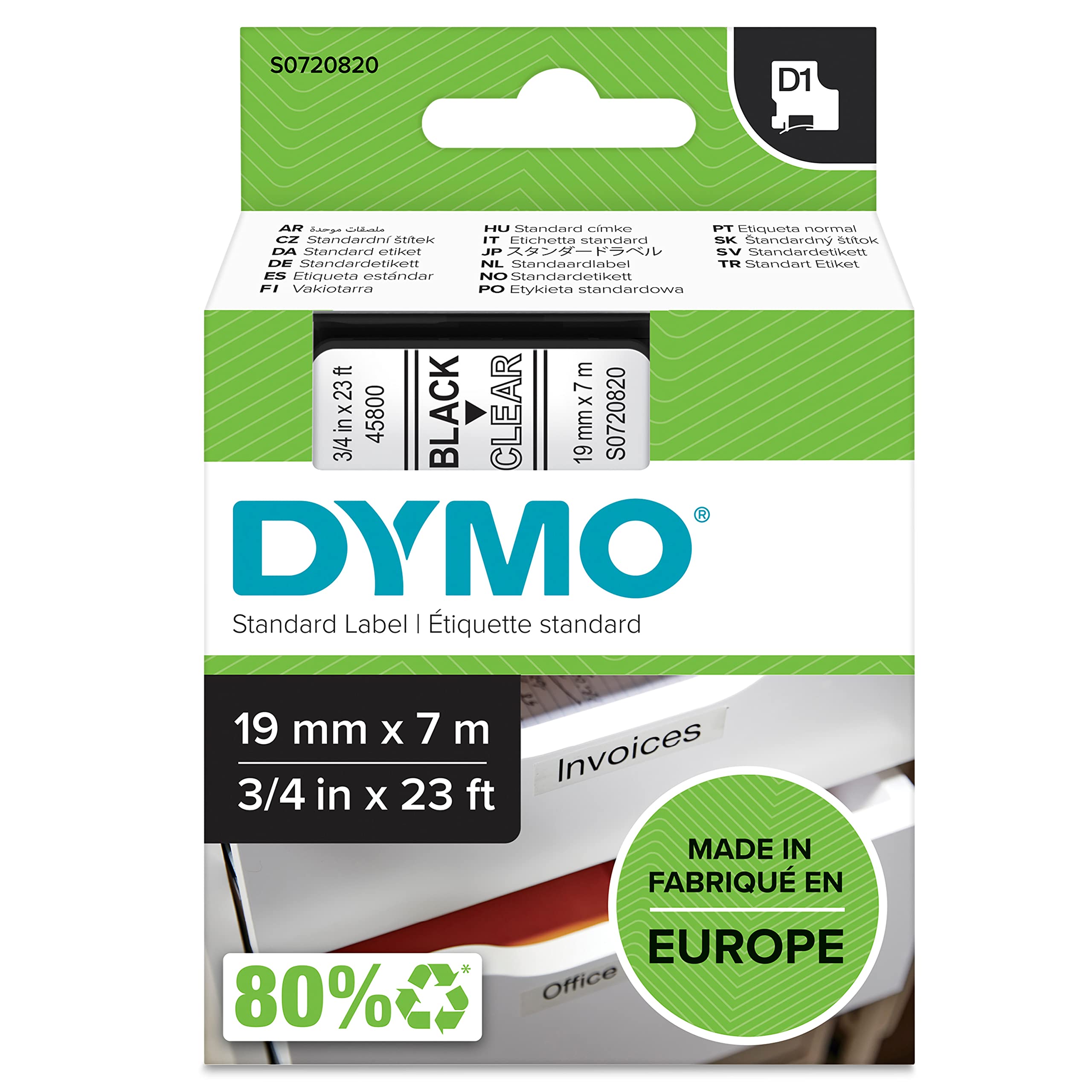 DYMO Authentic D1 Labels | Black Print on Clear Tape | 19 mm x 7 m | Self-Adhesive Labels for LabelManager Label Makers | Made in Europe — image 1