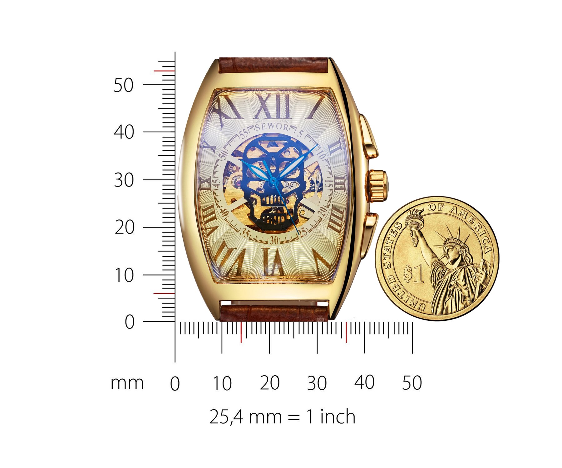 SEWOR Mens Automatic Business Dress Tonneau Skull Skeleton Wrist Watch Mechanical Self Wind (Black)