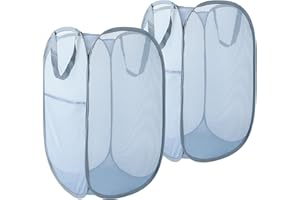 NAIRSNOW Collapsible Laundry Baskets 2 Pack, Mesh Pop Up laundry Hampers with Handles, Portable Stair Basket, Large Foldable Laundry Basket for Dorm or RV,Kids Dirty Clothes Basket, Grey. 2V